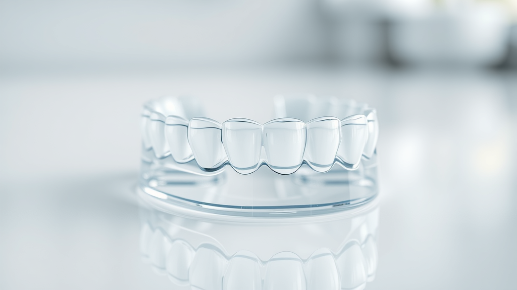 Clear aligner orthodontics transparent dental tray close-up on white surface