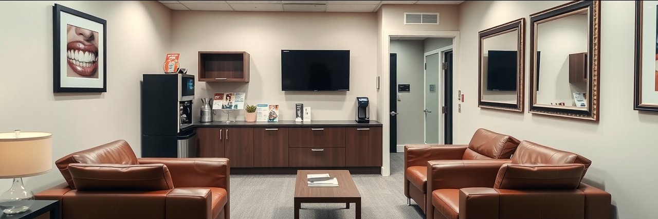 Inviting dental office waiting room for cosmetic dental treatments.