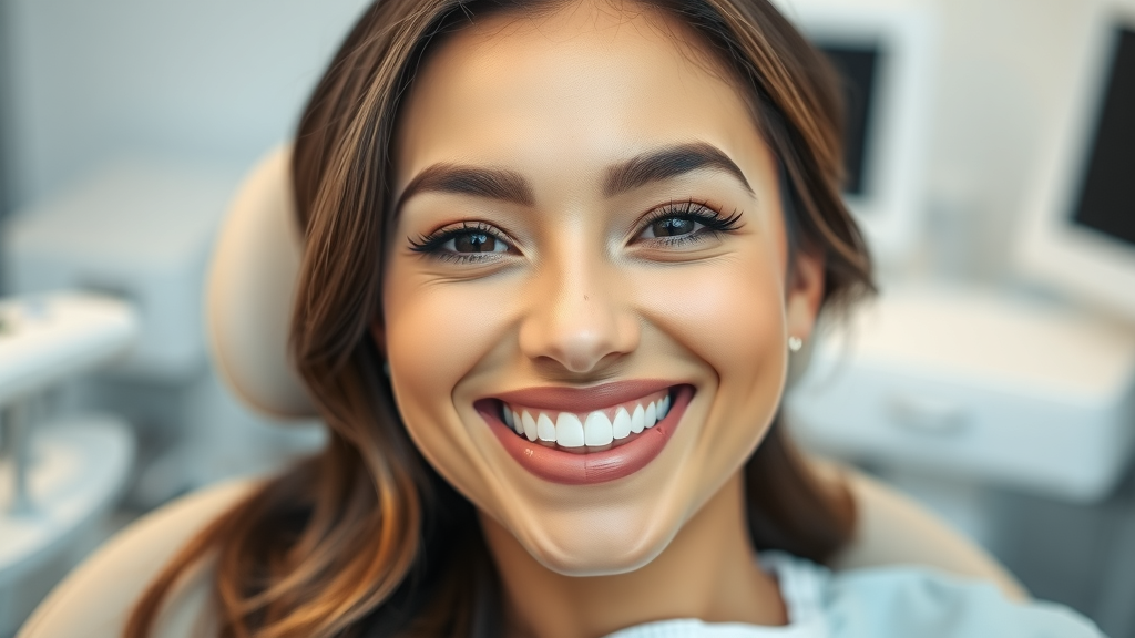 Confident woman displaying perfect teeth after cosmetic dental treatments in clinic.