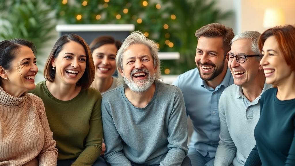 Diverse friends with radiant smiles after cosmetic dental treatments, in a clinic lobby.