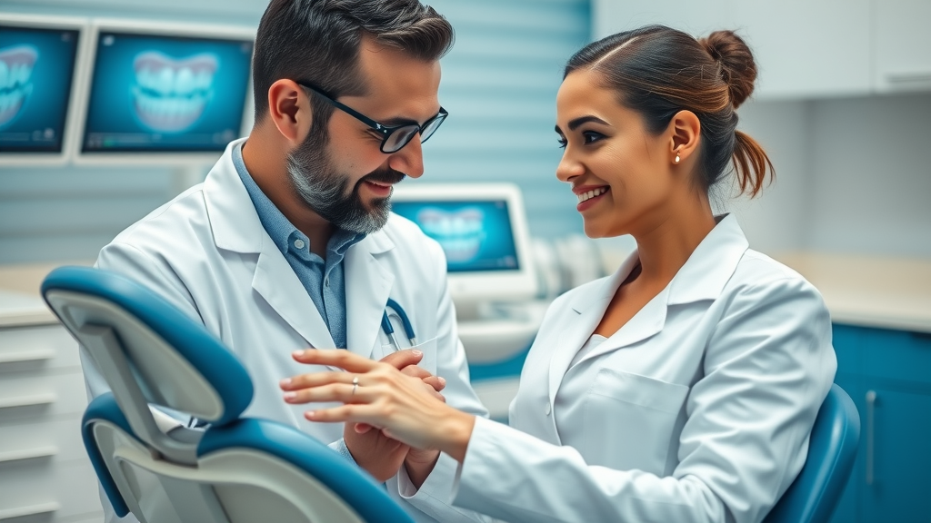 Dentist discussing cosmetic dental treatments with smiling patient in modern office.